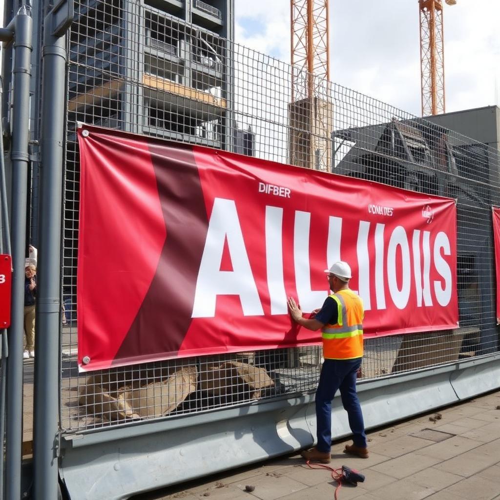 Instalación de cartel reforzado en obra en construcción
