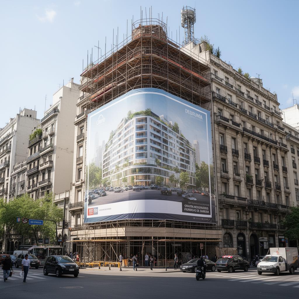Gigantografía en frente de obra de edificio en construcción