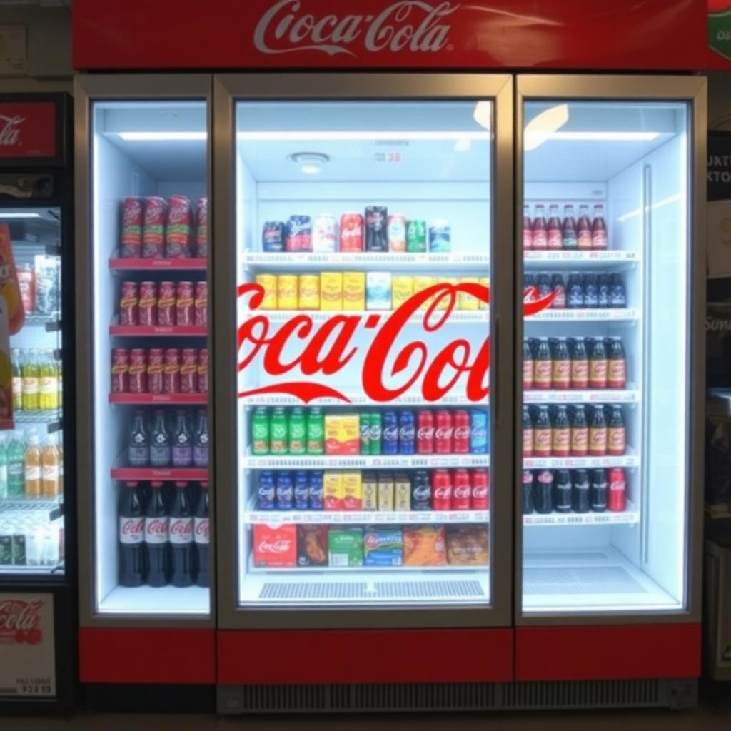 Heladera exhibidora ploteada con vinilo de marca iluminada en comercio de CABA