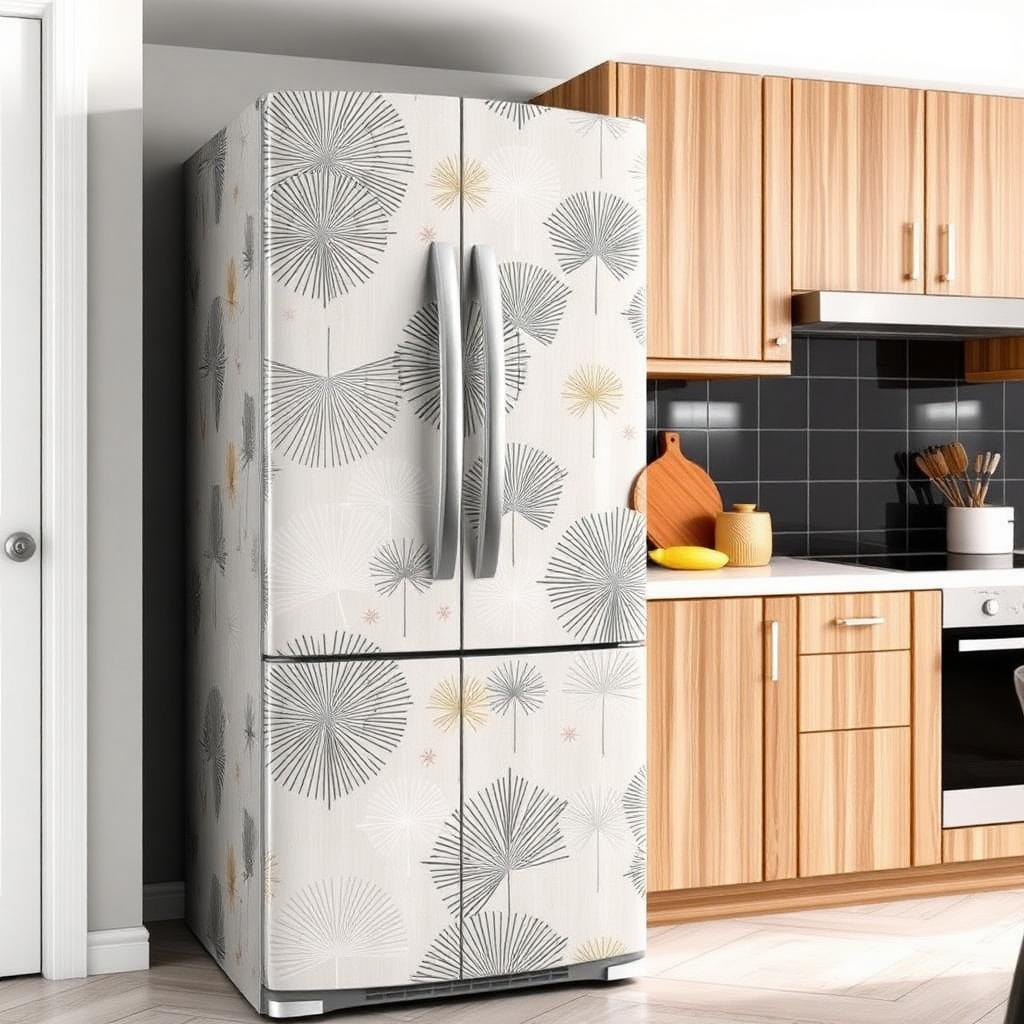 Heladera de hogar ploteada con diseño decorativo en cocina moderna