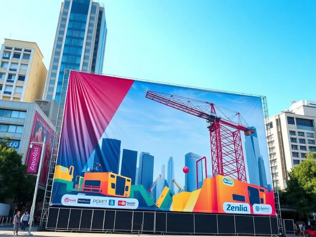 Lona de gran formato publicitaria con colores vibrantes instalada en espacio urbano