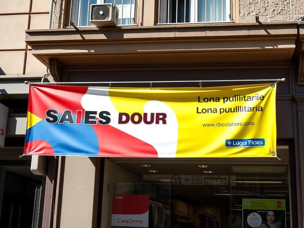 Lona publicitaria colgada en frente de local comercial en CABA