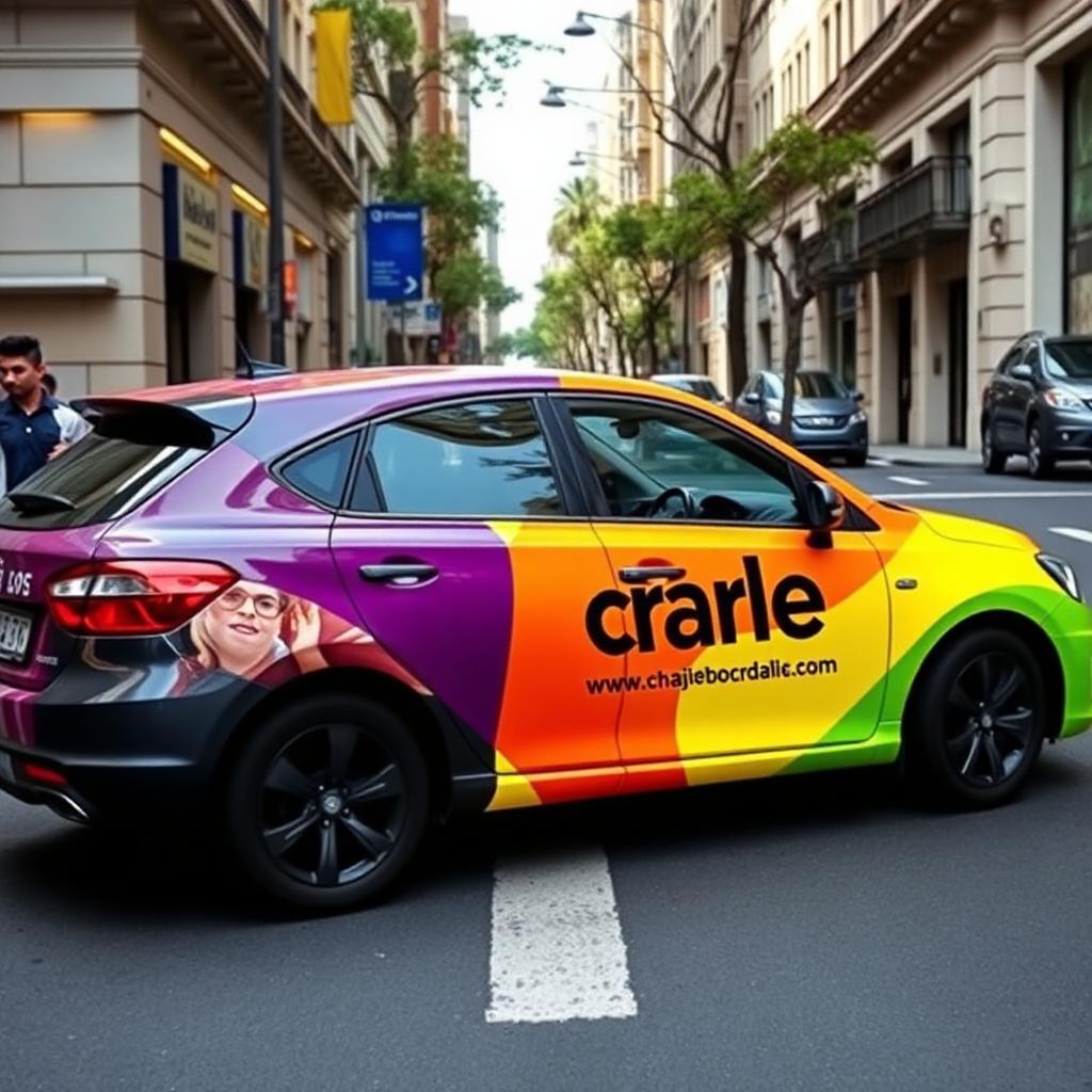 Auto ploteado con publicidad de marca circulando por Buenos Aires