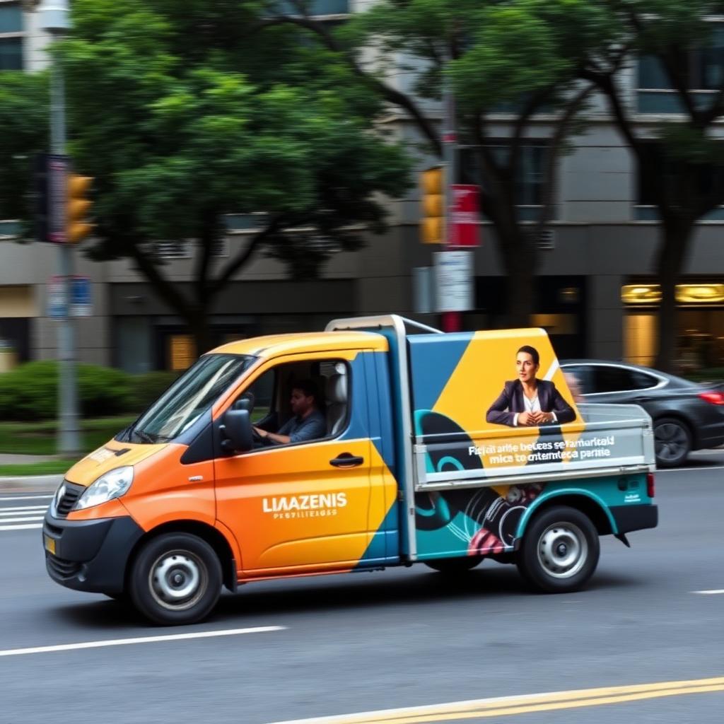Camioneta utilitaria con wrapping publicitario en avenida porteña