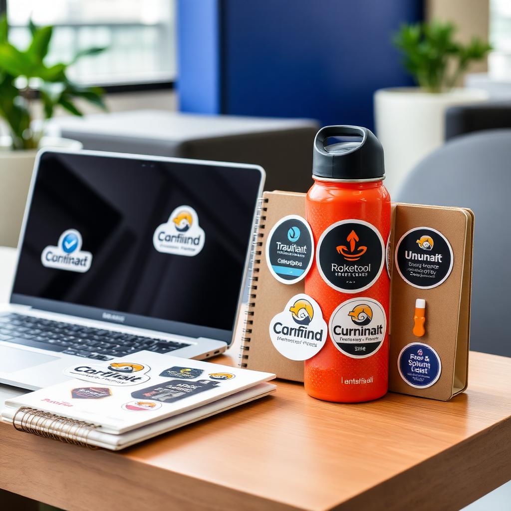 Stickers de merchandising empresarial en notebook y botella