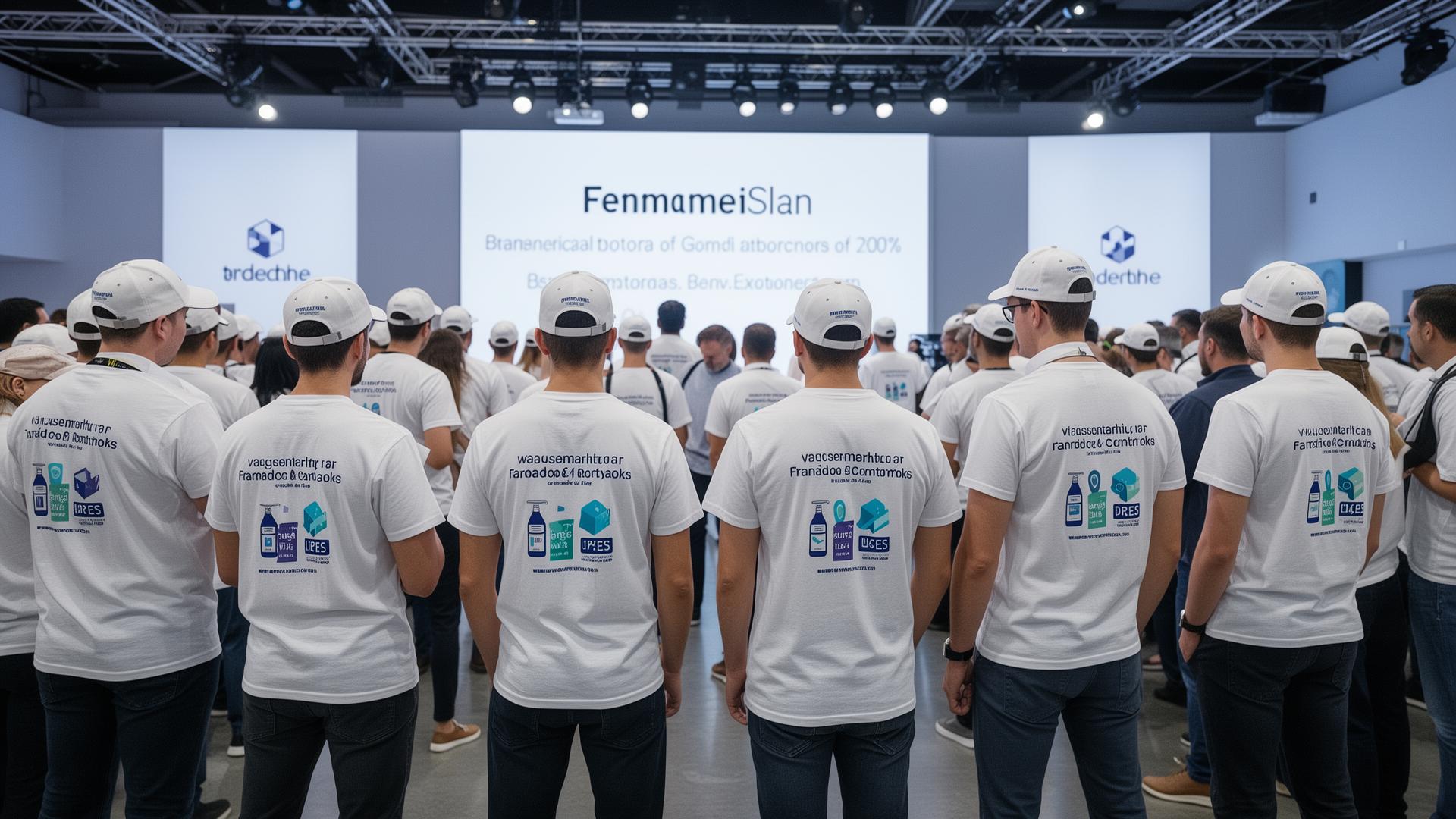 Equipo de evento corporativo con remeras y gorros personalizados